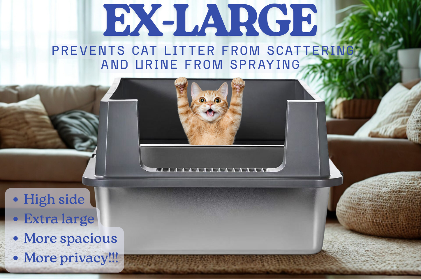 X-Large Stainless Steel Cat Litter Box Suite with Lid, Scoop & Mat – Durable, Easy-to-Clean, Non-Porous Metal Litter Pan for Large Cats or Multi-Cat Homes (28.4" × 20.7" × 15"
