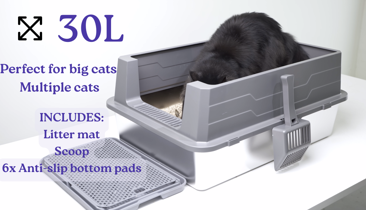 X-Large Stainless Steel Cat Litter Box Suite with Lid, Scoop & Mat – Durable, Easy-to-Clean, Non-Porous Metal Litter Pan for Large Cats or Multi-Cat Homes (28.4" × 20.7" × 15"