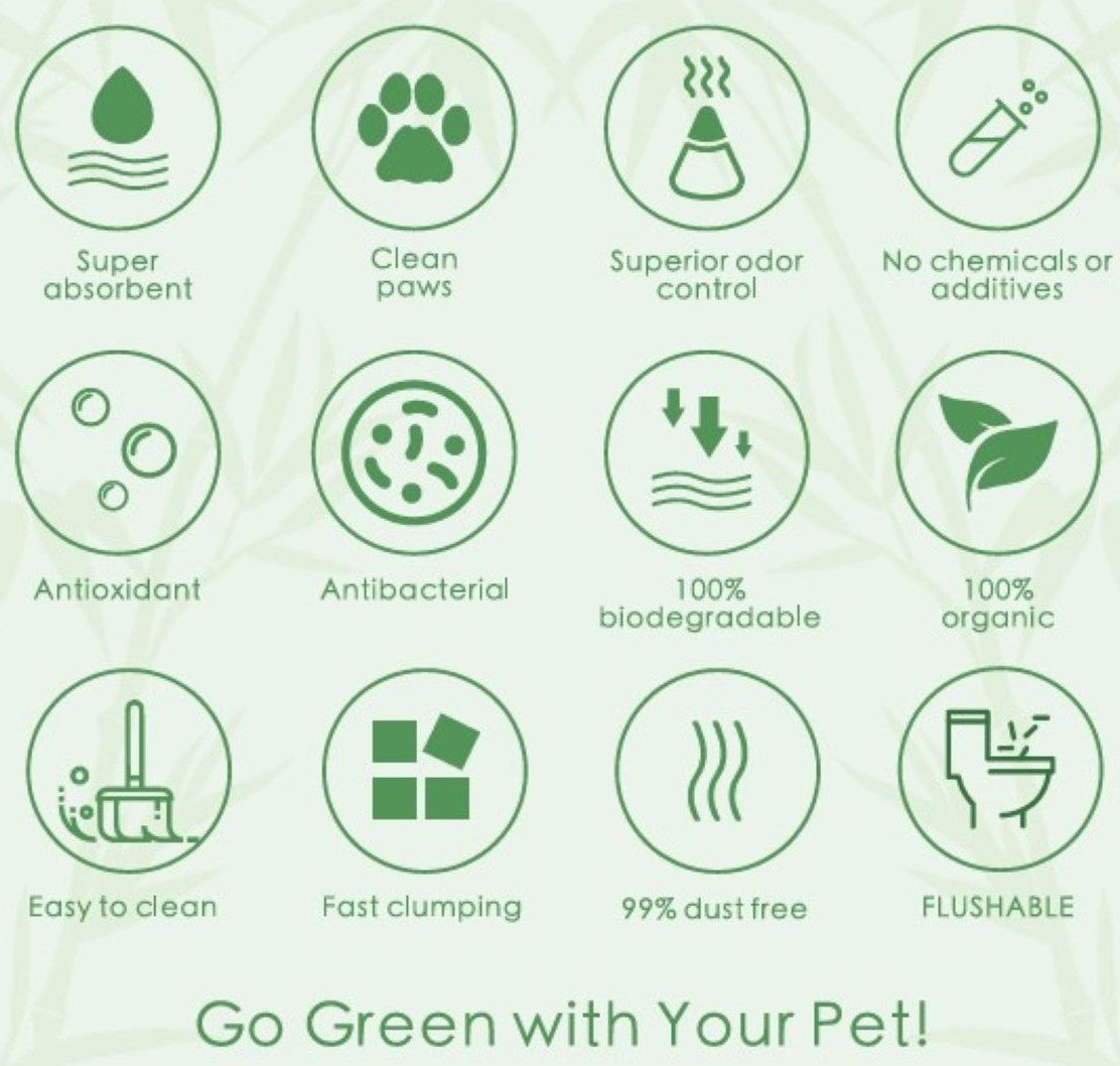 Plant-Based Bamboo Fiber Cat Litter, Green & Eco Friendly, Flushable & Resealable, Instant Clumping, Dust Free, Odor Control