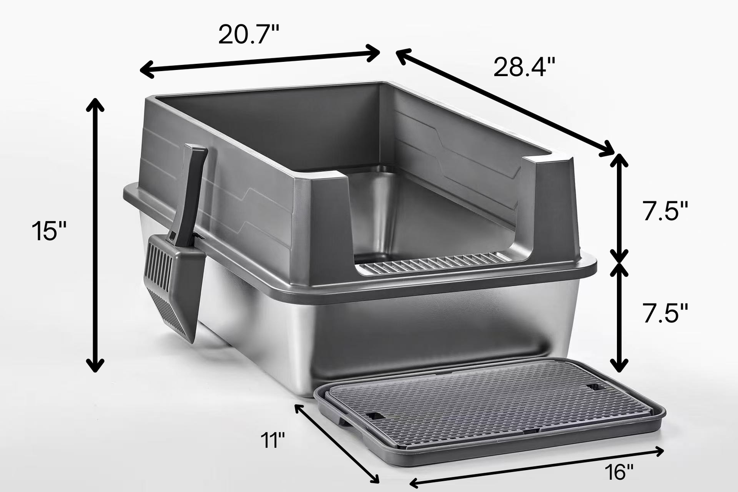 X-Large Stainless Steel Cat Litter Box Suite with Lid, Scoop & Mat – Durable, Easy-to-Clean, Non-Porous Metal Litter Pan for Large Cats or Multi-Cat Homes (28.4" × 20.7" × 15"