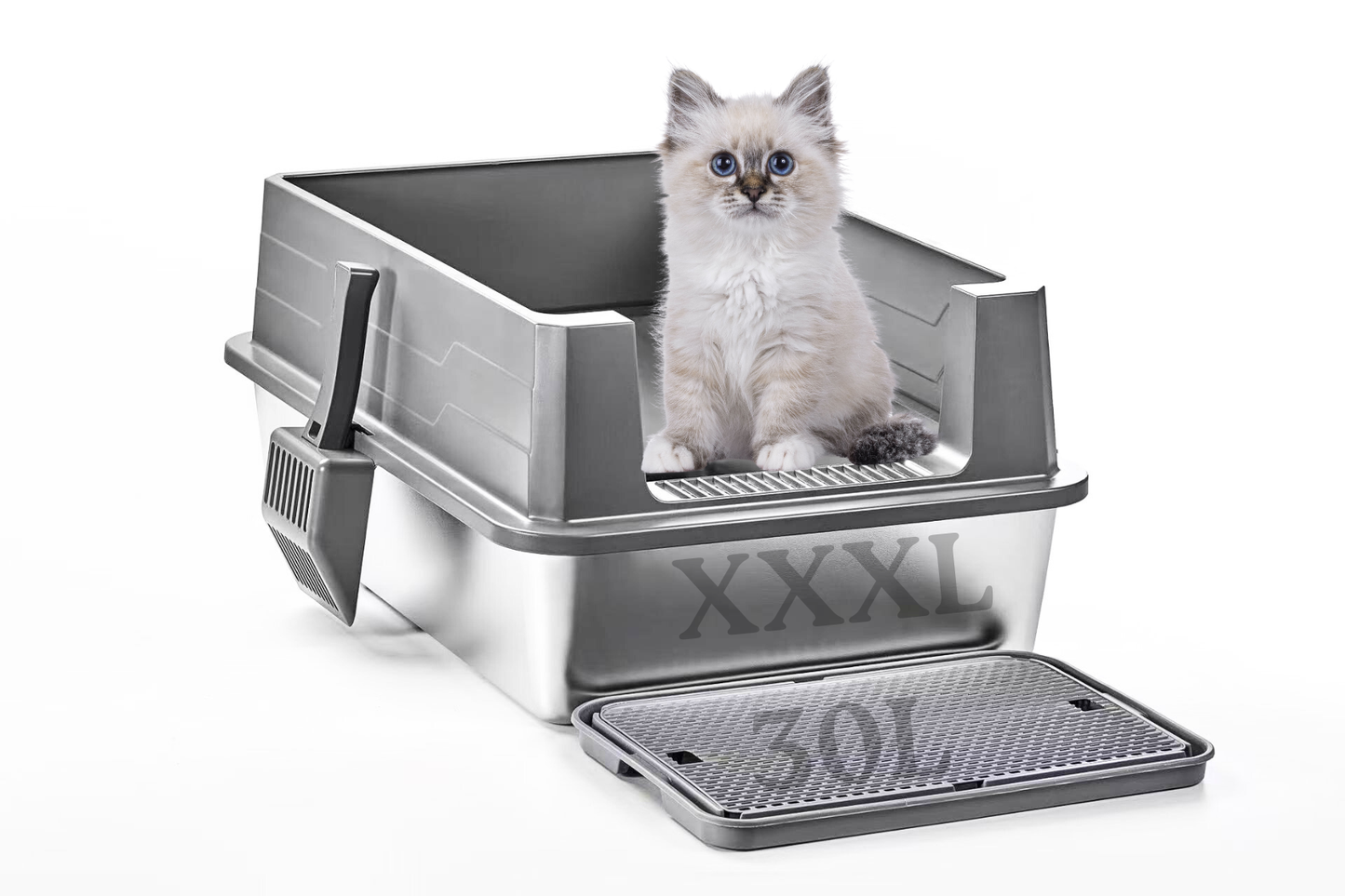 X-Large Stainless Steel Cat Litter Box Suite with Lid, Scoop & Mat – Durable, Easy-to-Clean, Non-Porous Metal Litter Pan for Large Cats or Multi-Cat Homes (28.4" × 20.7" × 15"